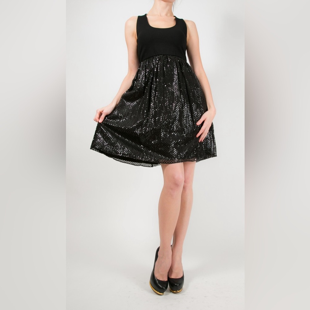 Alice + Olivia Round Neck Babydoll Sparkly Silk Blend Mini Dress